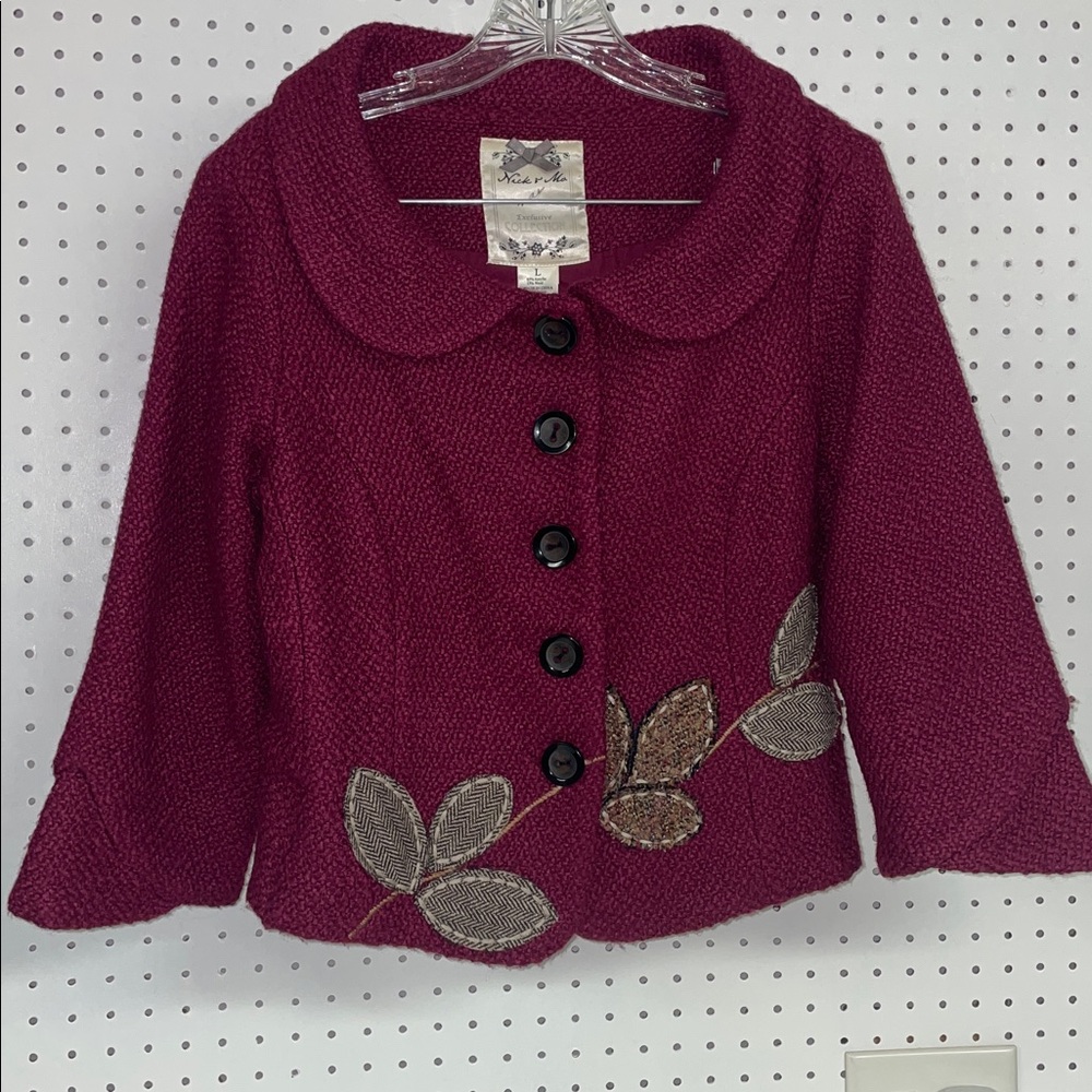 Anthropologie Nick & Mo Floral Appliqué Wool Blend Jacket Magenta Size Large